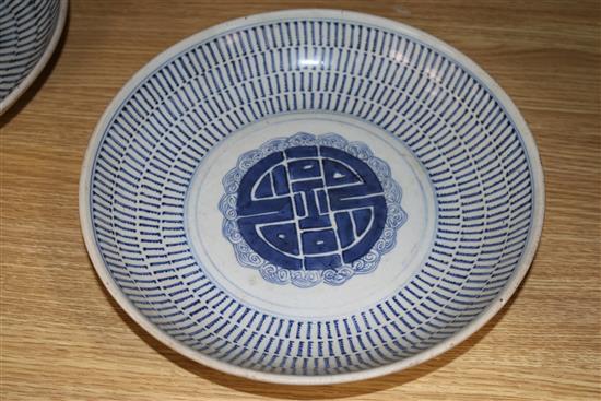 A 19th Century Chinese underglaze blue and copper red, two blue and white dishes and a Staffordshire dish